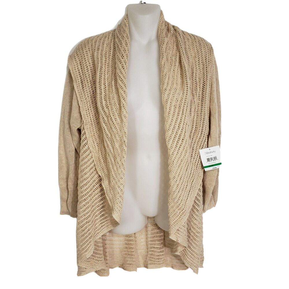 Relativity Womens Cardigan Large Open Front Beige Sweater Ramie Rayon 3/4 Sleeve